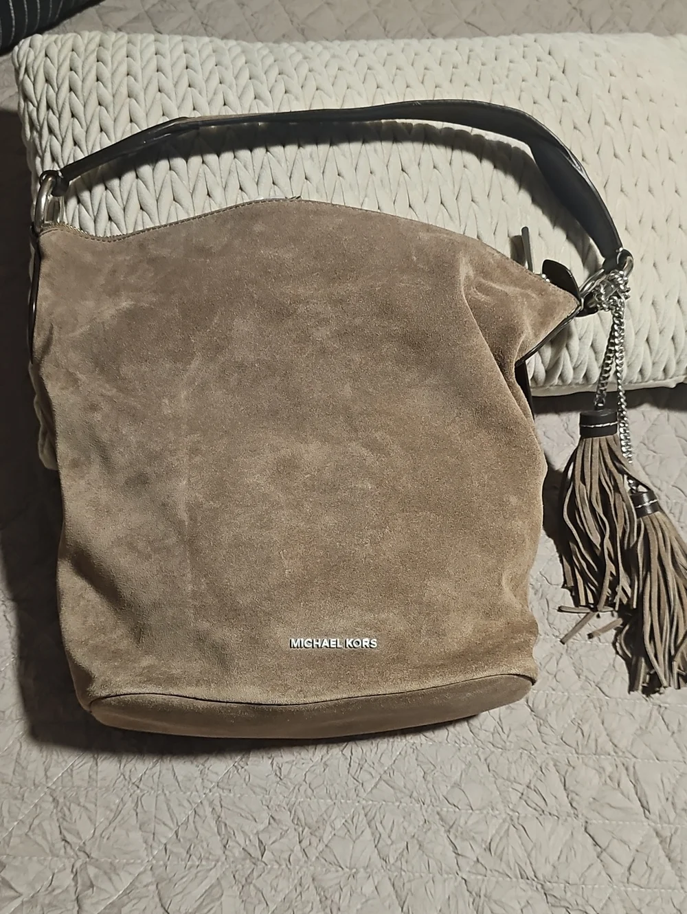 Michael Kors Suede Taupe Hobo with Tassel and Chain Accent